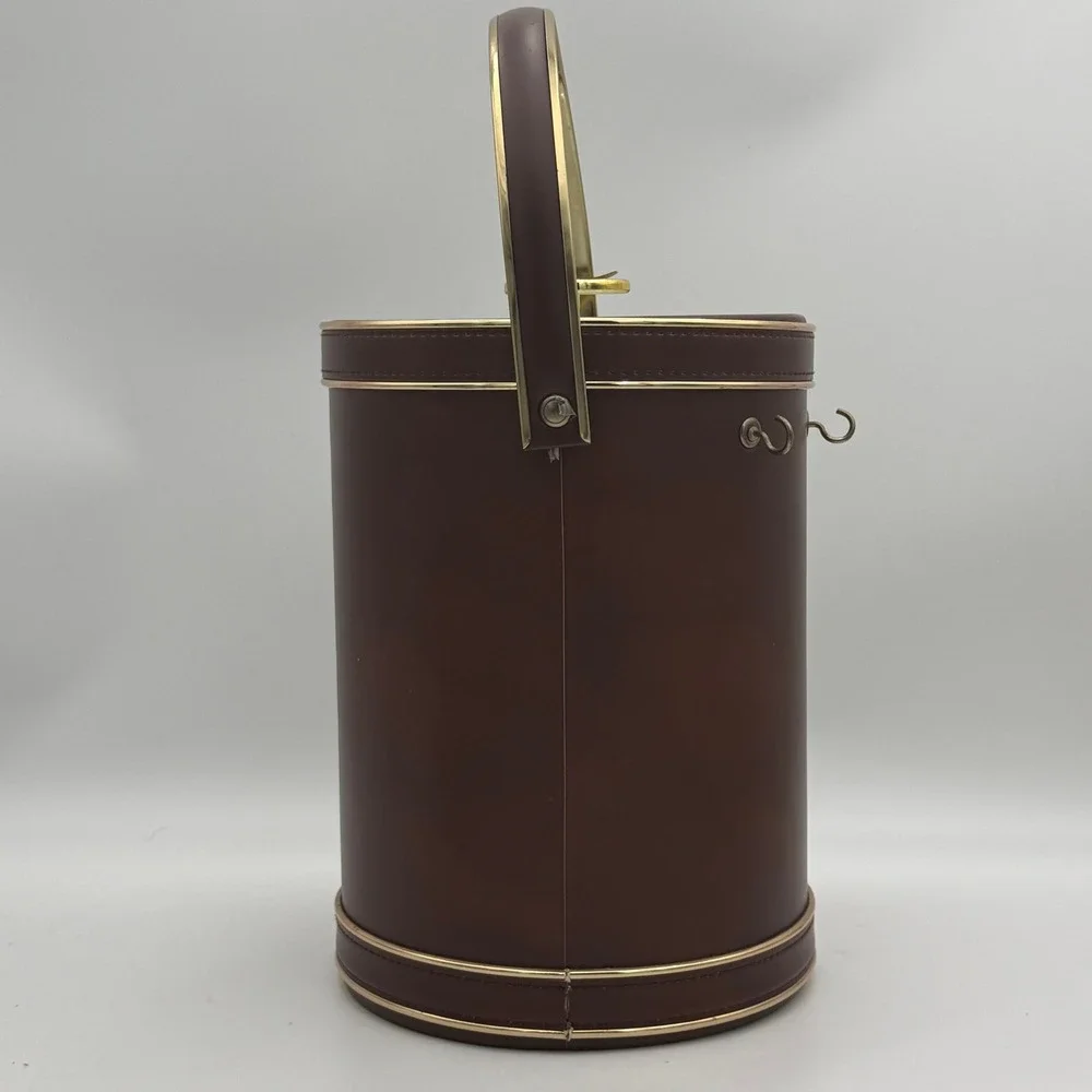 Vintage Barware Brown Faux Leather Ice Bucket Gold Trim Insulated with Lid